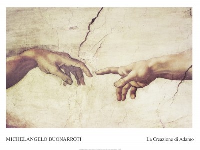 MICHELANGELO BUONARROTI, Creazione Di Adamo (Adam, Gott, Erschaffung, Leben, Berührung, Fingerspitzen, Hände, Klassiker, Renaissance, Fresko, Deckengemälde, Sixtinische  Kapelle, bunt)