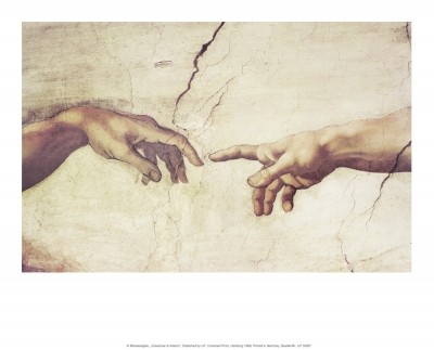 MICHELANGELO BUONARROTI, Creazione Di Adamo (Adam, Gott, Erschaffung, Leben, Berührung, Fingerspitzen, Hände, Klassiker, Renaissance, Fresko, Deckengemälde, Sixtinische  Kapelle, bunt)