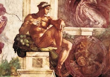 MICHELANGELO BUONARROTI, Die Erschaffung der Gestirne (Jüngling, Ignudo, nackt, Muskeln, Akt, Klassiker, Renaissance, Fresko, Deckengemälde, Sixtinische Kapelle, Wunschgröße, bunt)