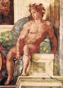 MICHELANGELO BUONARROTI, Die Erschaffung der Gestirne (Jüngling, Ignudo, nackt, Muskeln, Akt, Klassiker, Renaissance, Fresko, Deckengemälde, Sixtinische Kapelle, Wunschgröße, bunt)