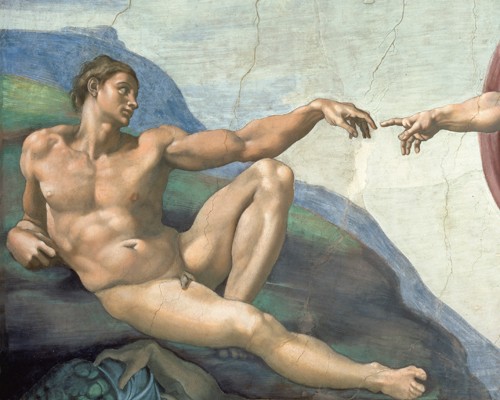 MICHELANGELO BUONARROTI, Die Erschaffung des Adams (Detail) (Adam, Gott, Erschaffung, Leben, Berührung, Fingerspitzen, Hände, Klassiker, Renaissance, Fresko, Deckengemälde, Wunschgröße, Sixtinische  Kapelle, bunt)