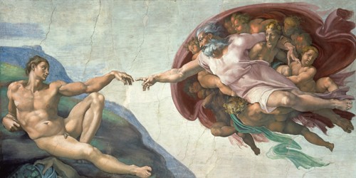 MICHELANGELO BUONARROTI, Die Erschaffung des Adams (Adam, Gott, Erschaffung, Leben, Berührung, Fingerspitzen, Hände, Klassiker, Renaissance, Fresko, Deckengemälde, Wunschgröße, Sixtinische Kapelle, bunt)