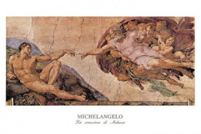 MICHELANGELO BUONARROTI, La creazione di Adamo (Adam, Gott, Erschaffung, Leben, Berührung, Fingerspitzen, Hände, Klassiker, Renaissance, Fresko, Deckengemälde, Sixtinische  Kapelle, bunt)