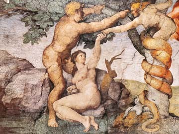 MICHELANGELO BUONARROTI, Sndenfall und Vertreibung aus (Sündenfall, Adam, Eva, Schlange, Versuchung, Satan, Schlange, Klassiker, Renaissance, Fresko, Deckengemälde, Wunschgröße, Sixtinische  Kapelle, Wunschgröße, bunt)