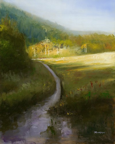 Michelle Condrat, Purple Path (Wunschgröße, Malerei, Landschaft, Weg, Wald, Hügel, Wiese, Einsamkeit, Modern, Schlafzimmer, Wohnzimmer, bunt)