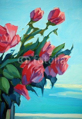 Mikhail Zahranichny, bouquet of scarlet roses at  open window with a view of the sea, (kunst, rose, blumenstrauss, malerei, bilder, canvas, künstler, abbildung, zeichnung, studieren, sketch, abbild, meer, landschaft, stilleben, fenster, frische, verzweigt, ausreisen, impressionismus, realistisch, realismus, imitator, scharlach, solar, somme)