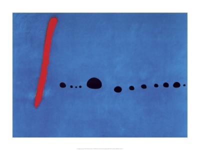 Joan Miro, Bleu II (abstrakte Malerei, schwarze Punkte, Farbfläche, roter Strich, Wohnzimmer, Büro, Treppenhaus, Arztpraxis, blau, Klassische Moderne)