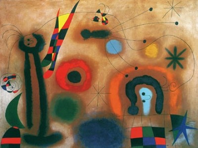 Joan Miro, Libelle mit roten Flügeln (Abstrakte Malerei, amorphe Formen, figurativ, surreal, Muster, Ornamente,  Wohnzimmer, Treppenhaus,  Klassische Moderne, Malerei, bunt)