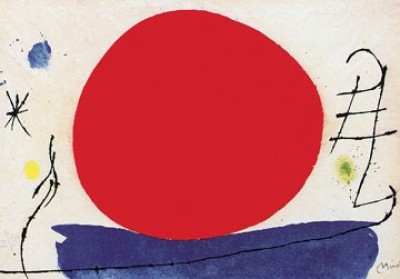Joan Miro, Ohne Titel (Rote Sonne), 1967 (Abstrakte Malerei, Formen, roter Kreis, surreal, Muster, Ornamente,  Wohnzimmer, Treppenhaus,  Klassische Moderne, Malerei, bunt)
