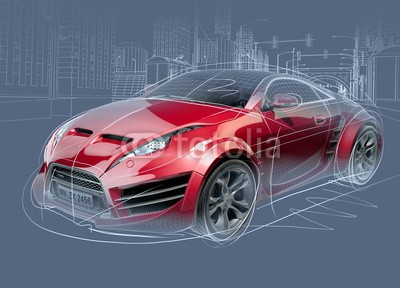 -Misha, Sports car sketch. Original car design. (Wunschgröße, Fotokunst, Auto, Coupé, Sportwagen, Design, Karrosserie, Technik, Fahrzeug, Luxus, chic, schnell, Automobil, Büro, Autowerkstatt, rot / grau)