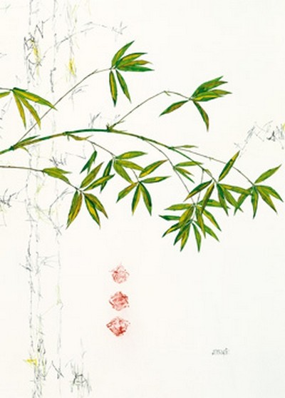 Michael Ferner, Bambuszweig (Bambus, Zweig, floral, Pflanze, Natur, Asiatisch, Treppehaus, Wohnzimmer, Badezimmer, Malerei, Wunschgröße, bunt)