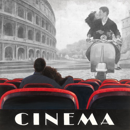 Marco Fabiano, Cinema Roma (Wunschgröße, Plakatkunst, Retro, Nostalgie, Rom, Colorspot, Colosseum, Vespa, Roller, Liebespaar, Kino, Architektur, Gastronomie, Café, Bistro, Jugendzimmer,  schwarz / weiß / rot)