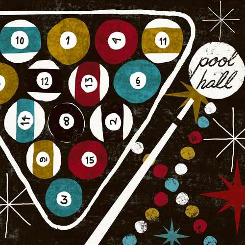 Michael Mullan, Vegas - Pool Hall (Billard, Kugeln, Queue, Poolbillard, Spielhalle, Kasino, Glücksspiel, retro, Vintage, Grafik, Wunschgröße, Treppenhaus, Wohnzimmer, bunt)