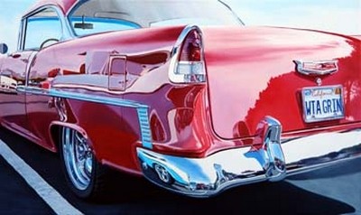 Michael Schuh, Chevy on Chevy Reflections (Auto, Oldtimer, Chevrolet, Nostalgie, Retro, chrom, glänzend, Straßenkreuzer, Spiegelungen, Lack, Wohnzimmer, Treppenhaus, Fotorealismus, Malerei, Wunschgröße, rot/bunt)