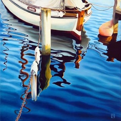 Michael Schuh, Kastrup Reflections II (Boote, Fischerboote, Hafen, Reflexionen, Spiegelungen, Wasser, maritim, Schweden, Wohnzimmer, Treppenhaus, Fotorealismus, Malerei, Wunschgröße, bunt)