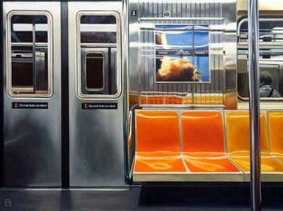 Michael Schuh, NYC Subway Reflections (New York, U-Bahn, Zug, Spieglungen, Reflexionen, Fensterscheiben, Fotorealismus, Malerei, Wunschgröße, Wohnzimmer, Büro, bunt)