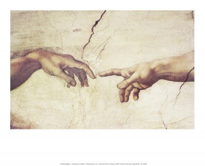 MICHELANGELO BUONARROTI, Creazione Di Adamo (Adam, Gott, Erschaffung, Leben, Berührung, Fingerspitzen, Hände, Klassiker, Renaissance, Fresko, Deckengemälde, Sixtinische  Kapelle, bunt)