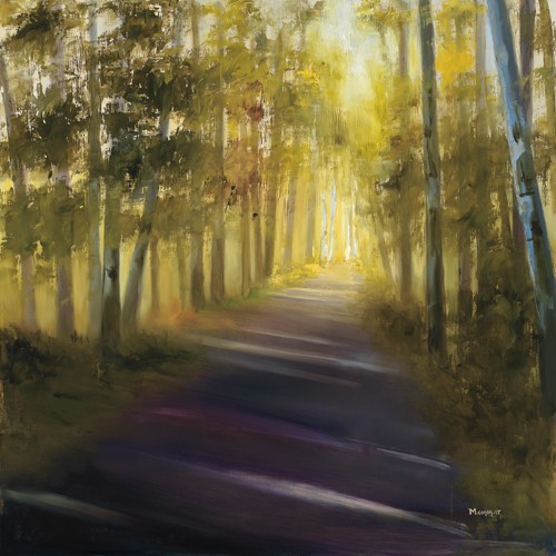 Michelle Condrat, Walk Away (Wunschgröße, Malerei, Landschaft, Weg, Allee, Birkenallee, Einsamkeit, Modern, Schlafzimmer, Wohnzimmer, bunt)