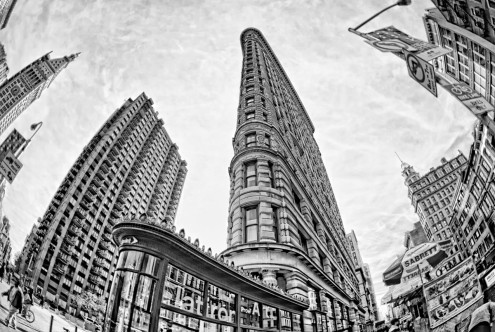 Dr. Michael Feldmann, Flat Iron (USA, Amerika, New York, Fifth Avenue,Flatiron, Metropole, Städte, Gebäude / Architektur, Hochhäuser, Skyline, Perspektive, Fischauge, Büro, Business, Wohnzimmer, Wunschgröße, Fotokunst,  schwarz / weiß)