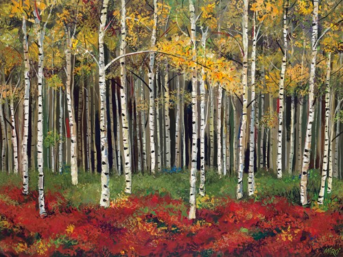 Miro Kenarov, Aspen Forest (Wunschgröße, Malerei, Wald, Birkenwald, Herbst, Laub, Baumstämme, Natur, Wohnzimmer, Treppenhaus, Arztpraxis, bunt)
