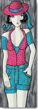 MIROTA, Short bleu chapeau rose (Frau, große Augen, Hut, Dekoltee, Shorts, sportlich, Portrait, Katzen, französisch,   komisch, witzig, Grafik, Wunschgröße, Treppenhaus, Wohnzimmer, Jugendzimmer,)