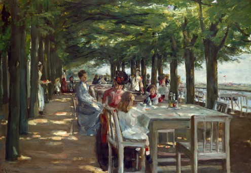 Max Liebermann, Terrasse des Restaurants Jacob (Restaurant, Sommer, Freizeit, Sonnenlicht, Hamburg, Elbterrasse, Malerei, Impressionismus, Lichteffekte, Licht / Schatten, Menschen, Wunschgröße, Wohnzimmer, Arztpraxis, bunt)