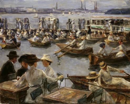 Max Liebermann, An der Alster in Hamburg (Hafen, Sommer, Hamburg, Rudersport, Freizeitvergnügen, Malerei, Impressionismus, Lichteffekte, Licht / Schatten, Menschen, Wunschgröße, Wohnzimmer, Arztpraxis, bunt)