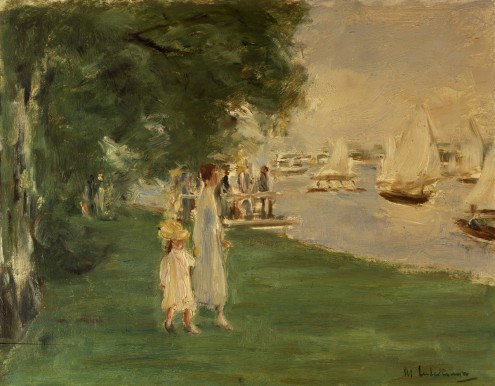 Max Liebermann, Wannseelandschaft (Hafen, Sommer, Berlin, Segelboote, Spaziergängerin,  Freizeitvergnügen, Malerei, Impressionismus, Lichteffekte, Licht / Schatten, Menschen, Wunschgröße, Wohnzimmer, Arztpraxis, bunt)