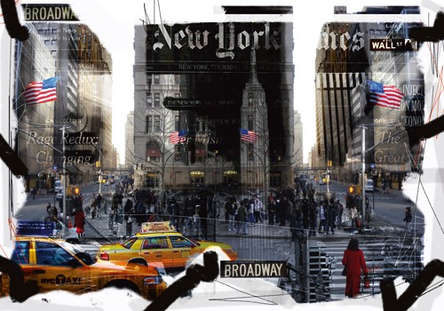 MN.FF, Broadway Broadway Liberty (Wunschgröße, New York, Metropole, Großstadt, Amerika, USA, gelbes Taxi, Architektur, Zeitungspapier, Collage, Kult, Pop, Vintage, Modern, Jugensdzimmer, Wohnzimmer, Arztpraxis, bunt)