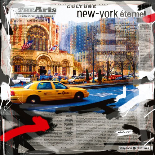 MN.FF, New York Culture (Wunschgröße, New York, Metropole, Großstadt, Amerika, USA, gelbes Taxi, Architektur, Zeitungspapier, Collage, Kult, Pop, Vintage, Modern, Jugensdzimmer, Wohnzimmer, Arztpraxis, bunt)