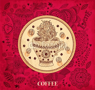 moleskostudio, Vector background with coffee cup (kaffeetasse, kaffee, kaffeebohne, mustern, hintergrund, karton, kaffee, vögel, karte, menü, essen, gastronomie, deko, label, rahmen, deckung, floral, blume, vektor, entwerfen, verziert, element, verpackung, ornament, getränke, tapete, dekoratio)