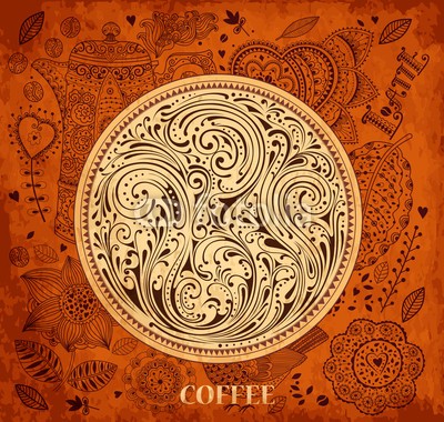 moleskostudio, Vintage background with coffee pattern (kaffee, deckung, menü, getränke, einladung, label, vektor, karte, retro, hintergrund, mustern, essen, verpackung, tapete, dekoration, kaffee, floral, ornament, blume, milchkaffee, deko, alt, element, zeichnung, nostalgie, nostalgisch, abbildung, dekorati)