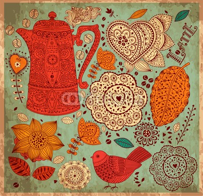 moleskostudio, Vintage vector background with coffee pattern (kaffee, mustern, hintergrund, alt, altmodisch, karton, retro, papier, textur, kaffee, vögel, karte, menü, essen, bücher, milchkaffee, deko, label, rahmen, deckung, floral, blume, vektor, entwerfen, verziert, urlaub, element, zeichnung, jahrgan)