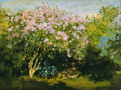 Claude Monet, Blühender Flieder in der Sonne (Impressionismus, Malerei, Garten, Flieder, Blüten, Idylle, Bäume, Natur, Frankreich, Schlafzimmer, Wohnzimmer, Wintergarten, bunt, Klassiker)