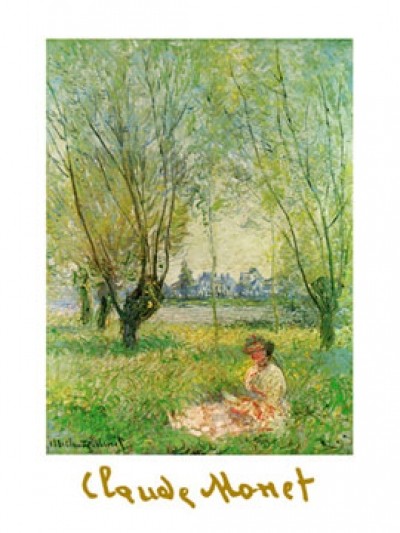 Claude Monet, Woman Under The Willow (Impressionismus, Malerei, Landschaft, Frau, sitzende Frau, Entspannung, Ruhepause, Idylle, Weiden, Bäume, Natur, Frankreich, Schlafzimmer, Wohnzimmer, Wintergarten, bunt, Klassiker)