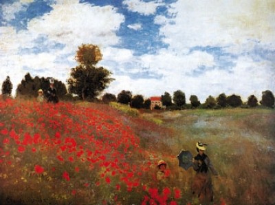 Claude Monet, Mohnfeld bei Argenteuil (Impressionismus, Malerei, Mohnblumen, Mohnblumenfeld, Spaziergänger, Frau, Kind, Blumen, Blüten, Idylle, Frankreich, Schlafzimmer, Wohnzimmer, Wintergarten, bunt, Klassiker)