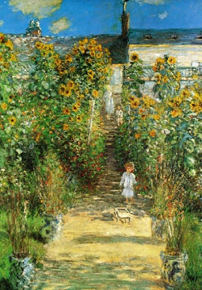 Claude Monet, Artist \'s Garden at Vetheuil (Impressionismus, Malerei, Garten, Gartenweg, Kind, Sonnenblumen, Blumen, Licht / Schatten, Blüten, Idylle, Natur, Frankreich, Schlafzimmer, Wohnzimmer, Wintergarten,bunt,Klassiker)