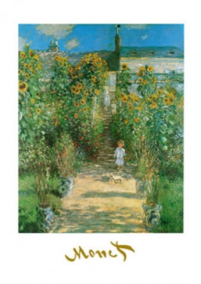 Claude Monet, Artist \'s Garden at Vetheuil (Impressionismus, Malerei, Garten, Gartenweg, Kind, Sonnenblumen, Blumen, Licht / Schatten, Blüten, Idylle, Natur, Frankreich, Schlafzimmer, Wohnzimmer, Wintergarten, klassische Moderne, bunt)