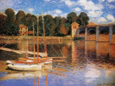 Claude Monet, Il ponte di Argenteuil (Impressionismus, Malerei, Landschaft, Fluss, Seine, Val d'Oise, Brücke, Segelboote, Spiegelungen, Flussufer, Bäume, Schlafzimmer, Wohnzimmer, Wintergarten,bunt,Klassiker)