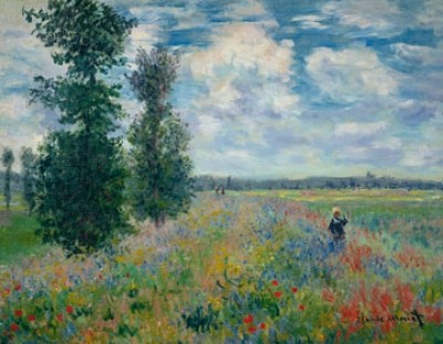 Claude Monet, Field of Poppies (Impressionismus, Malerei, Mohnblumen, Mohnblumenfeld, Spaziergänger, Frau, Blumen, Blüten, Idylle, Horizont, Frankreich, Schlafzimmer, Wohnzimmer, Wintergarten, bunt,Klassiker)