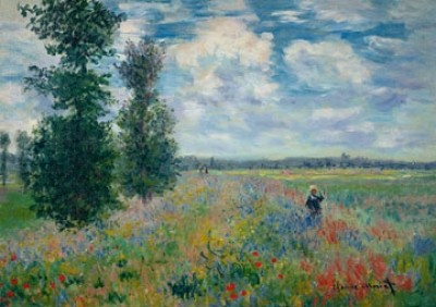 Claude Monet, Field of Poppies (Impressionismus, Malerei, Mohnblumen, Mohnblumenfeld, Kornblumen, Blumen, Blüten, Horizont, Idylle, Frankreich, Schlafzimmer, Wohnzimmer, Wintergarten,bunt,Klassiker)