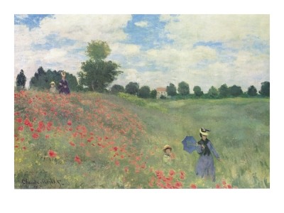 Claude Monet, Mohnfeld bei Argenteuil (Impressionismus, Malerei, Mohnblumen, Mohnblumenfeld, Spaziergänger, Frau, Kind, Blumen, Blüten, Idylle, Frankreich, Schlafzimmer, Wohnzimmer, Wintergarten, bunt,Klassiker)