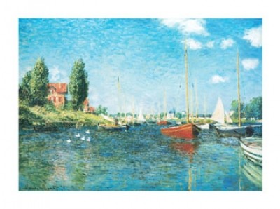 Claude Monet, Red Boats (Impressionismus, Malerei, Landschaft, Fluss, Segelboote, Spiegelungen, Flussufer, Bäume, Schlafzimmer, Wohnzimmer, Wintergarten,bunt,Klassiker)