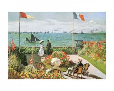 Claude Monet, Terazza sul mare a Saint-Adresse (Impressionismus, Malerei, Landschaft, Meeresbrise, Normandie, Terrasse, Sonnenterrasse, Idylle, Natur, Segelboot, Spaziergänger, Frankreich, Schlafzimmer, Wohnzimmer, Wintergarten, bunt, Klassiker)