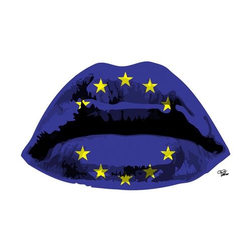 Morgan Paslier, Euro Kiss (Mund, Kuss, Verführung, Flagge, Europa, gelbe Sterne, Lippen, modern, Pop Art, Grafik,  Wohnzimmer, Jugendzimmer, Wunschgröße, blau)