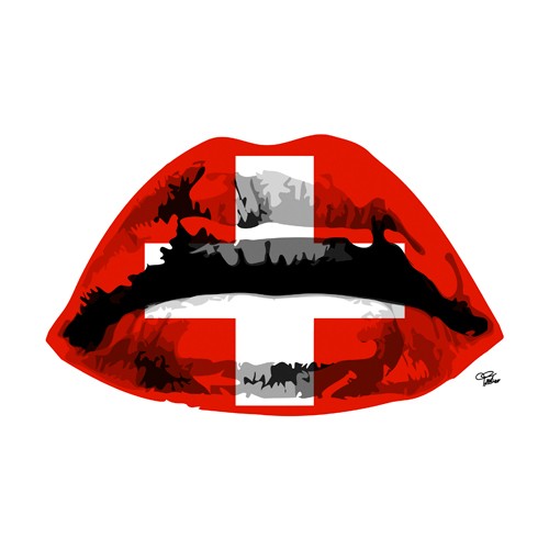 Morgan Paslier, Switzerland Kiss (Mund, Kuss, Verführung, Flagge, Schweiz, Lippen, modern, Pop Art, Grafik,  Wohnzimmer, Jugendzimmer, Wunschgröße, bunt)