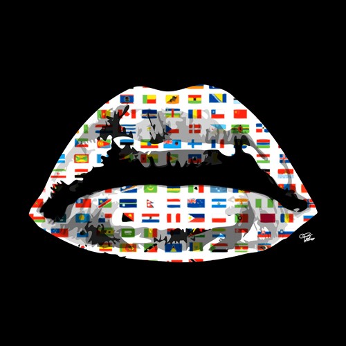 Morgan Paslier, World Kiss (Mund, Kuss, Verführung, Flaggen, Welt, Nationen, Lippen, modern, Pop Art, Grafik,  Wohnzimmer, Jugendzimmer, Wunschgröße, bunt)