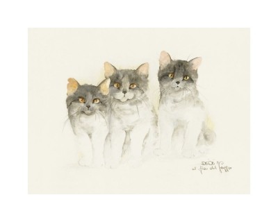 Dede Moser, Cats Of Distinction III (Katzen, Haustiere, Tiere, niedlich, kuschelig, Aquarell, Treppenhaus, Wohnzimmer,)