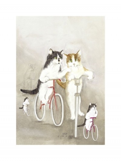 Dede Moser, Copertina (Katzen, Haustiere, Tiere, Radfahrende Katzen, witzig, Humor, Katzenfamilie,  niedlich, Antropomorphismus, Aquarell, Treppenhaus, Wohnzimmer,)