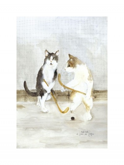 Dede Moser, Gennaio (Katzen, Haustiere, Tiere, golfspielende Katzen, Sport, witzig, Humor, Katzenfamilie,  niedlich, Antropomorphismus, Aquarell, Treppenhaus, Wohnzimmer,)